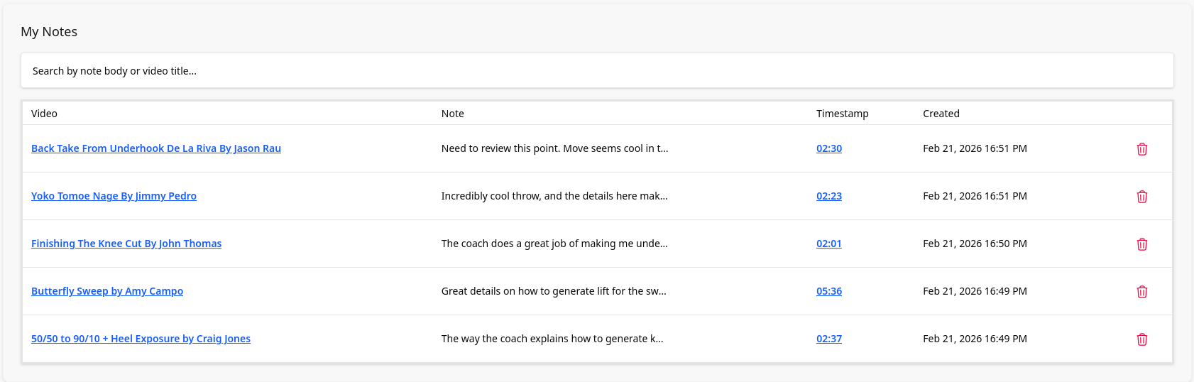 Notes list with timestamps